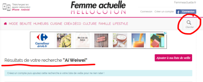Capteur d'écran de la page d'accueil d'Hellocon, recherche pour Ai Weiwei, URL :http://www.hellocoton.fr/veille/Ai%20Weiwei
